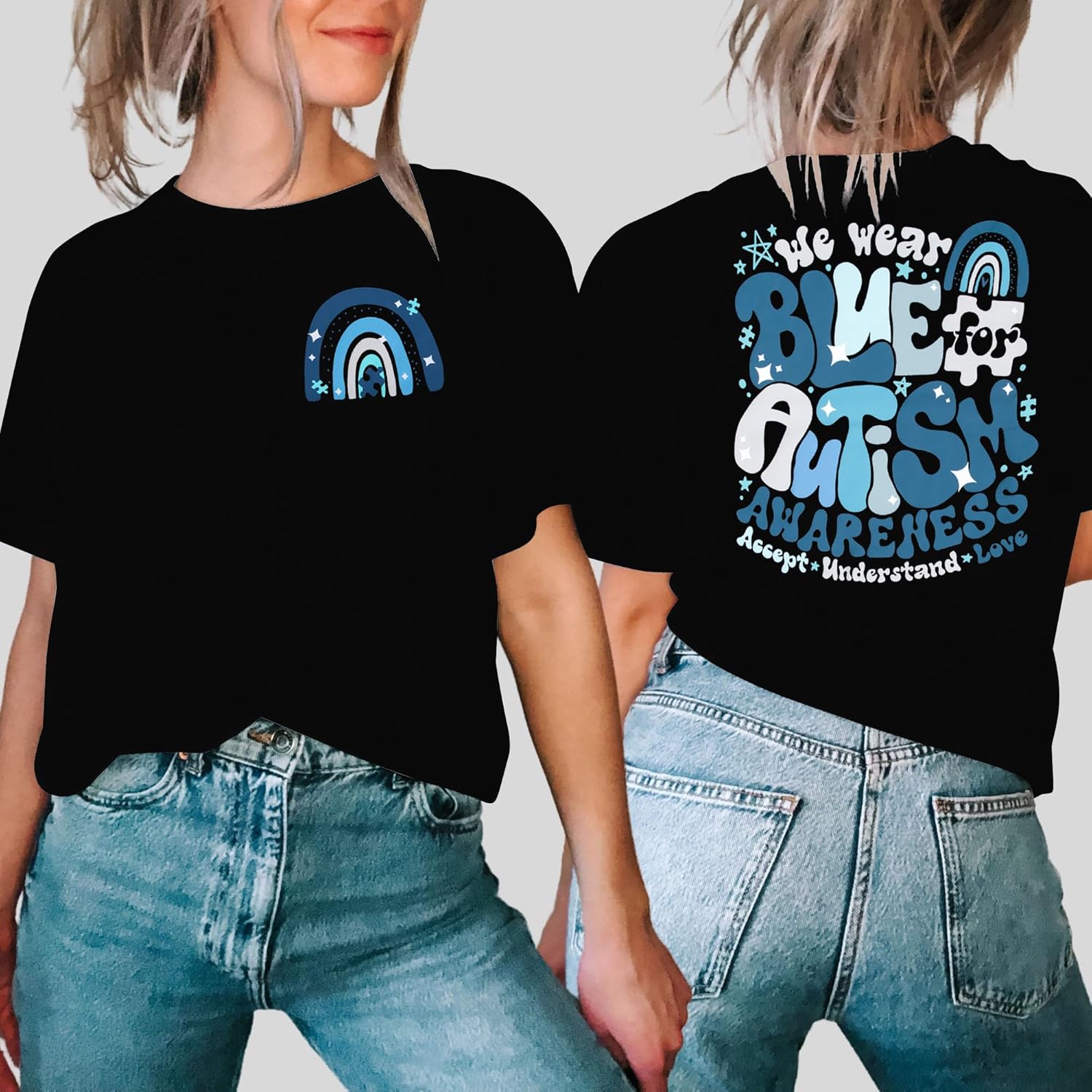 MNLYBABY Women Autism Awareness Shirt We Wear Blue for Autism Awareness T-Shirt Autism Support Blue Ribbon Tee Tops