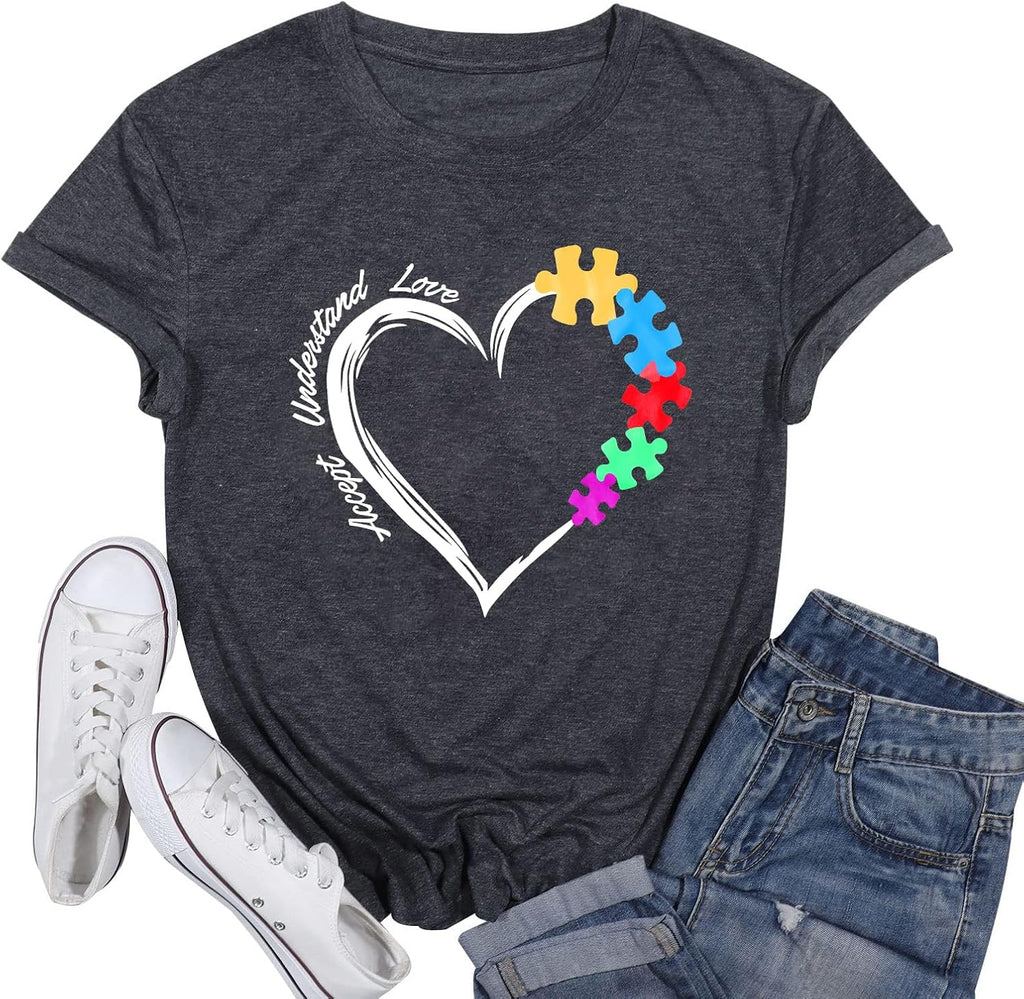 Be Kind Autism Shirt Women Autism Awareness Tee Accept Understand Love T-Shirt Casual Short Sleeve Graphic Tee Tops