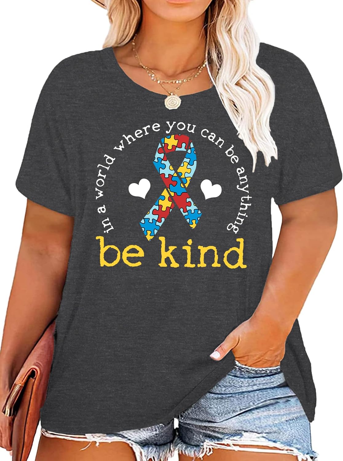 Plus Size Autism Awareness Shirts for Women Be Kind Kindness Tees Awareness Ribbon Support Tops