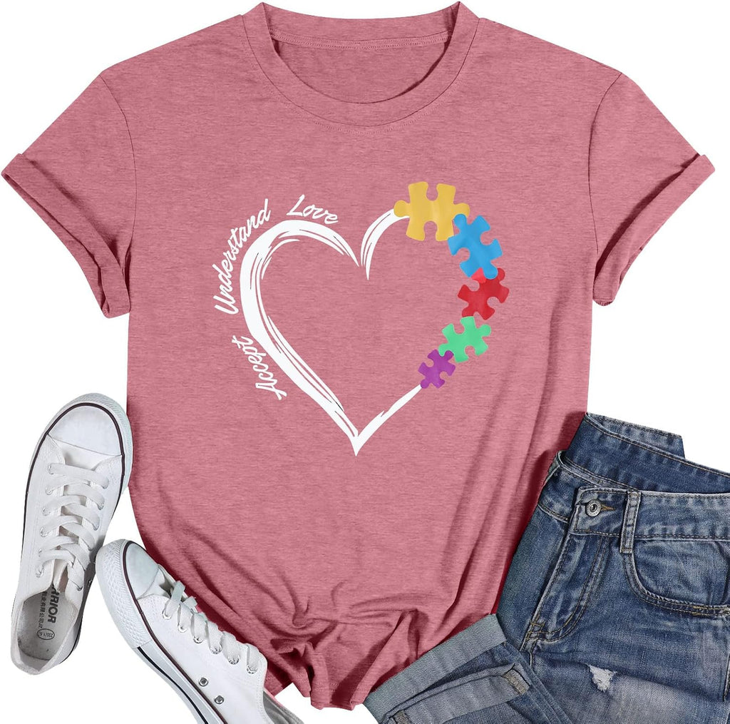 Be Kind Autism Shirt Women Autism Awareness Tee Accept Understand Love T-Shirt Casual Short Sleeve Graphic Tee Tops