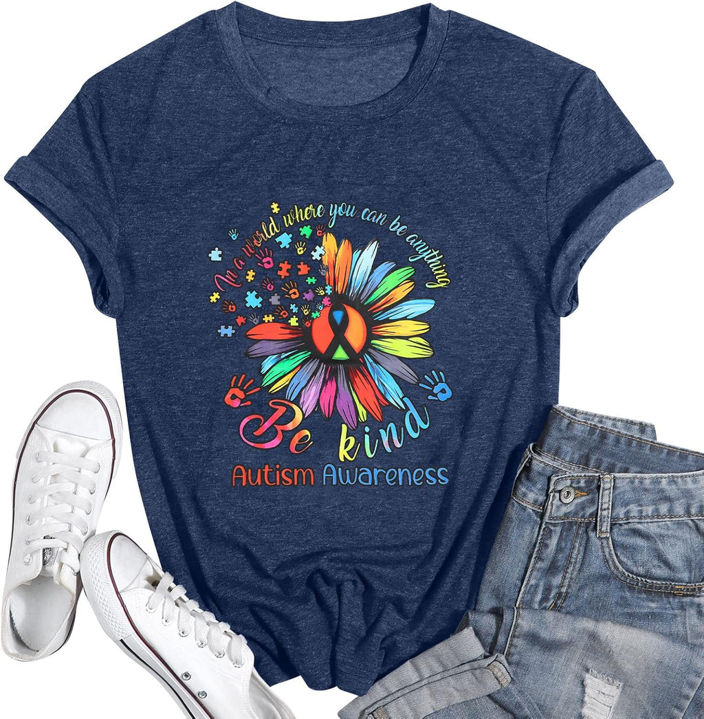 Autism Awareness Shirt Women Be Kind Special Education Teacher T-Shirt Casual Inspirational Kidness Short Sleeve Tee Tops