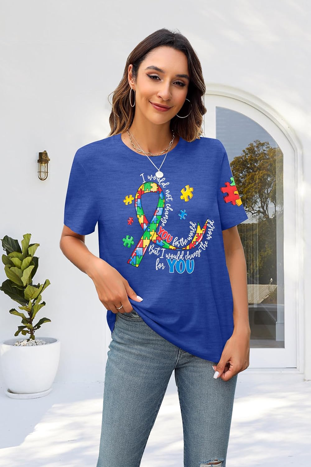 MYHALF Women Autism Awareness Shirt Teacher Autism Shirts Autism Mom Tshirt Blue Ribbon Graphic Tee Tops