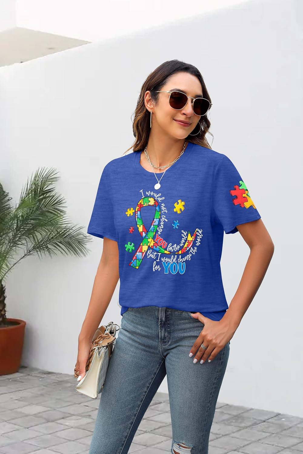 MYHALF Women Autism Awareness Shirt Teacher Autism Shirts Autism Mom Tshirt Blue Ribbon Graphic Tee Tops