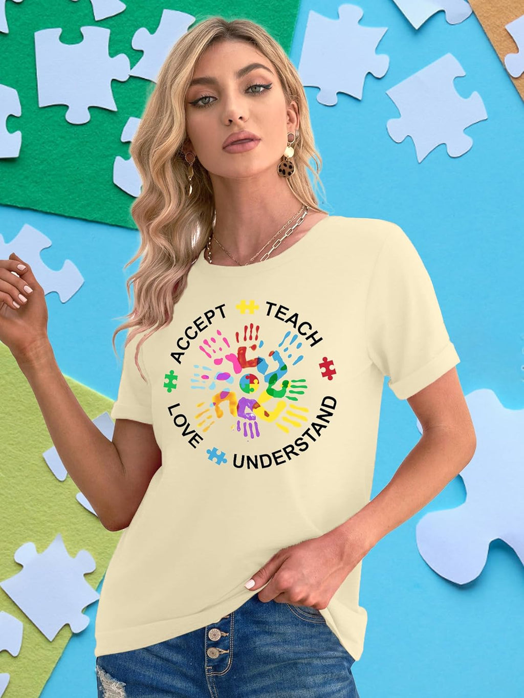 Autism Awareness Shirt for Women: Autism Acceptance Shirts Autism Mom Tee Puzzle Piece Graphic Tops Autism Support Gift