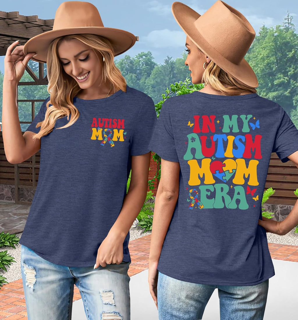 PICKID Autism Awareness Shirt Women Autism Mom T Shirt in My Autism Mom Era Print Tee Inspirational Short Sleeve Tops