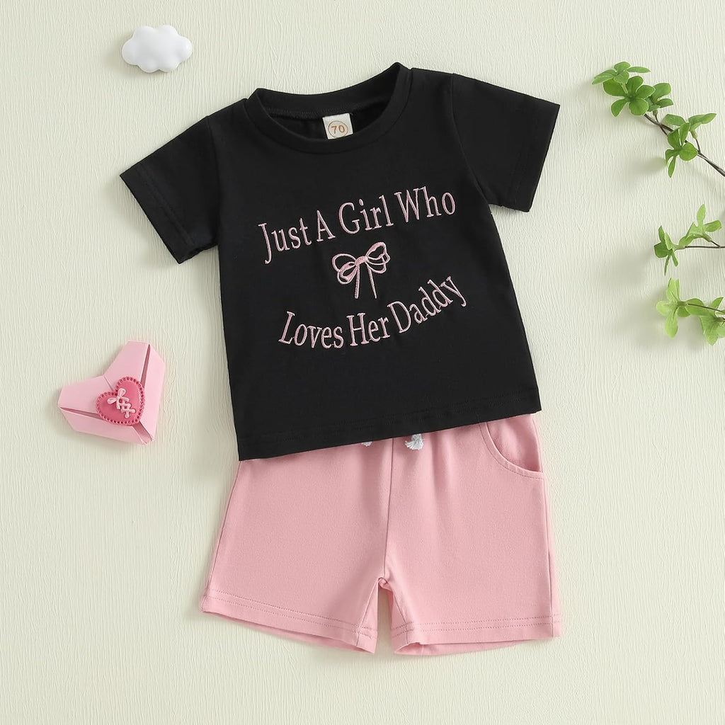 Meiweileya Toddler Baby Girl Summer Clothes Short Sleeve Funny Letters&Bow Tshirt Tops Solid Shorts Set Father's Day Outfit