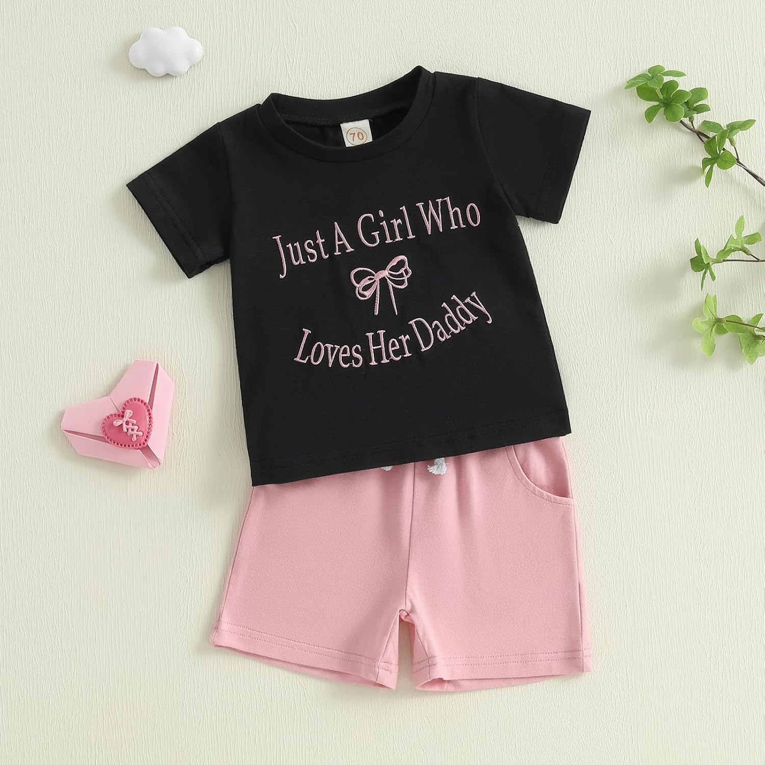 Meiweileya Toddler Baby Girl Summer Clothes Short Sleeve Funny Letters&Bow Tshirt Tops Solid Shorts Set Father's Day Outfit