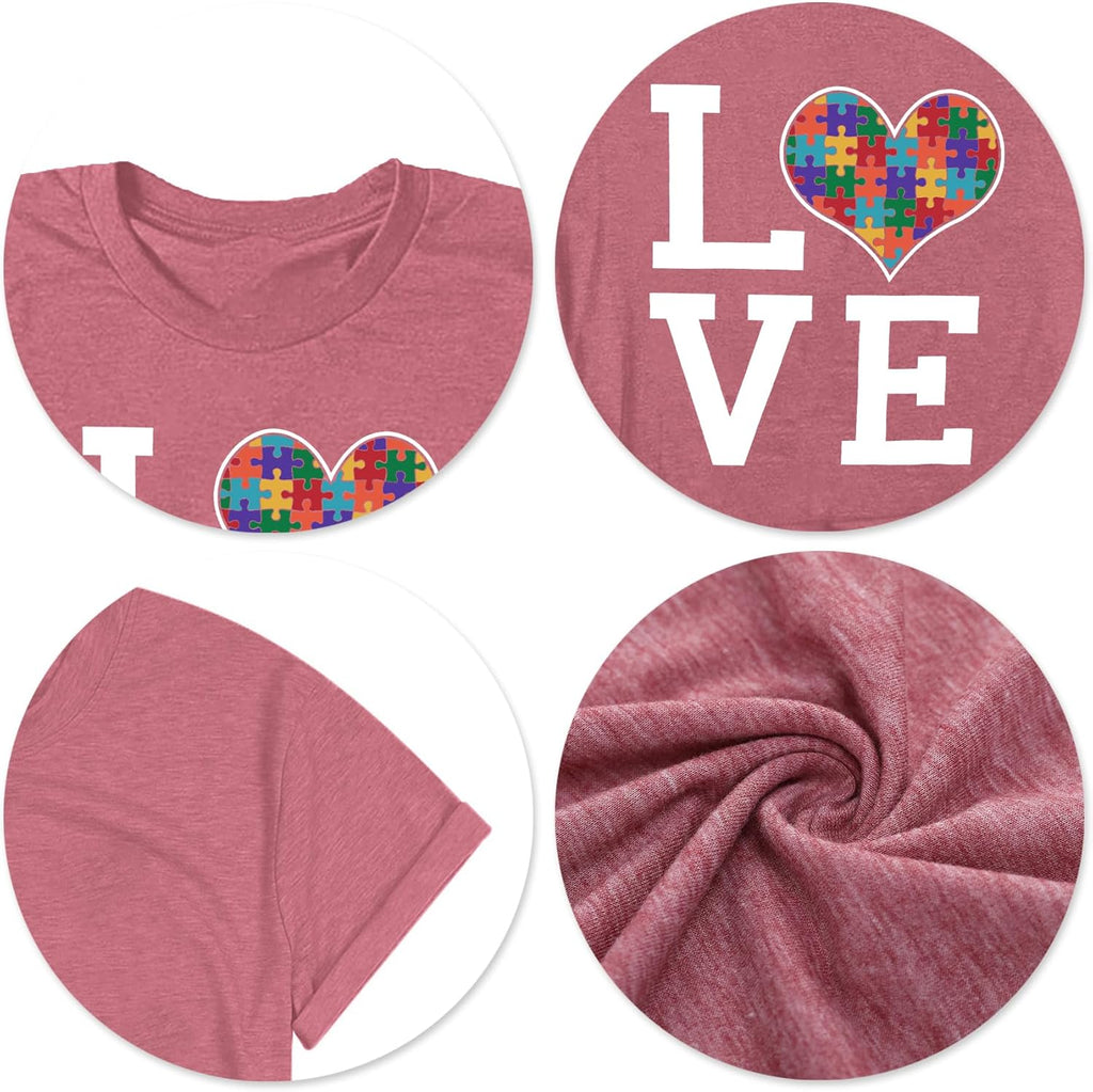 hohololo Autism Awareness Shirt Womens Autism T-Shirt Teacher Puzzle Heart Graphic Tee Autism Acceptance Tops