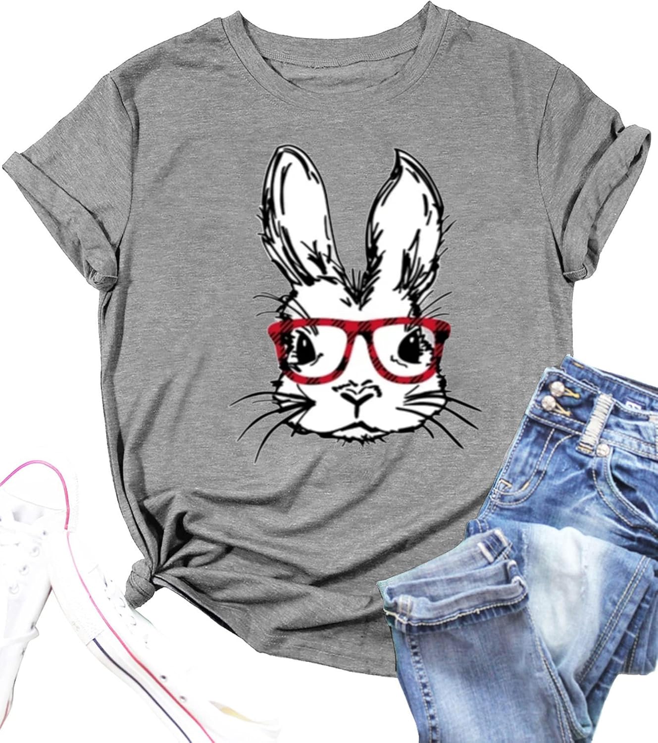 Bunny with Leopard Glasses Shirts for Women Cute Easter Graphic T Shirt Casual Spring Tops Comfortable Tee