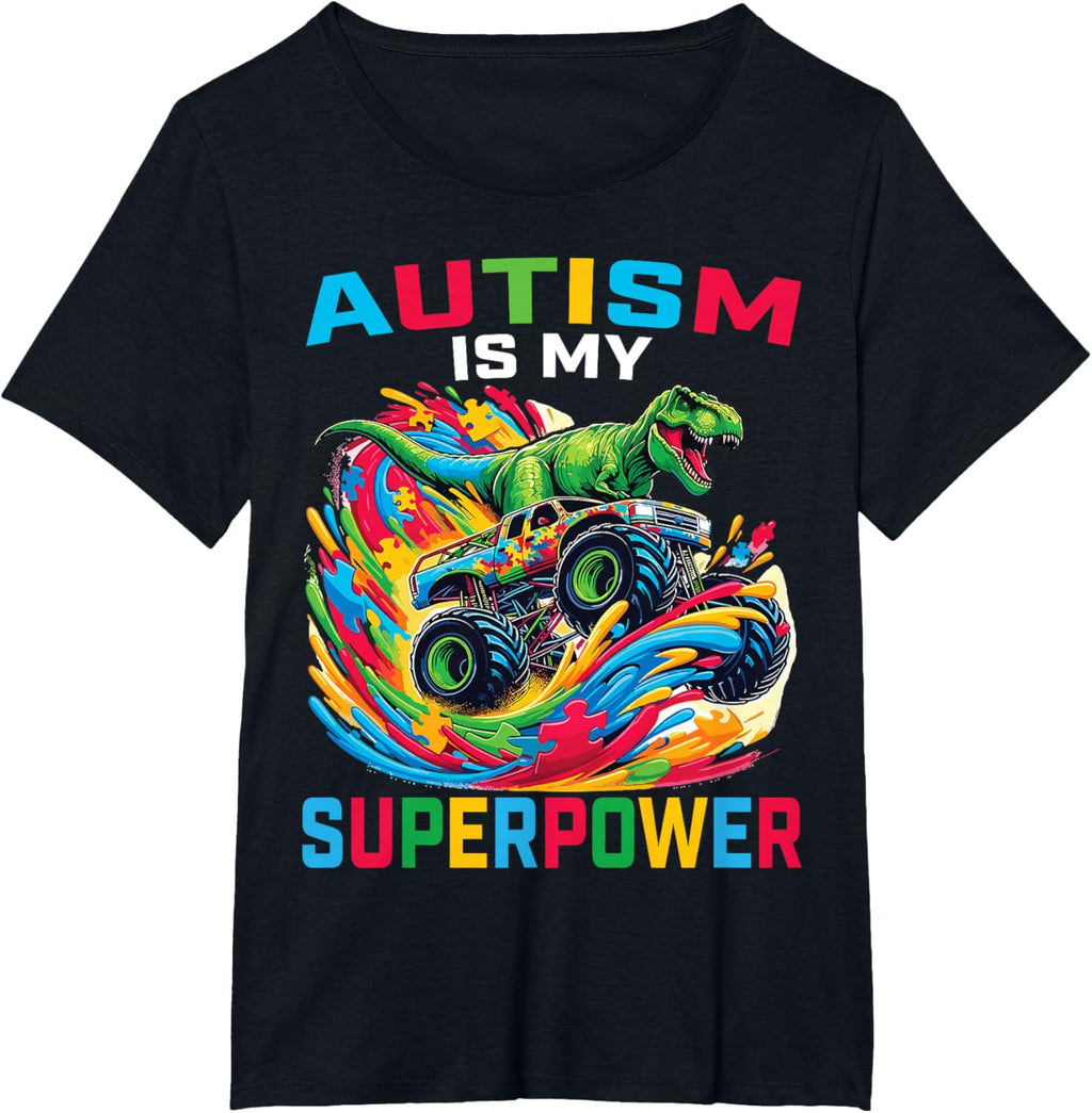 Autism Is My Superpower Dino T Rex Monster Truck Kids Boys