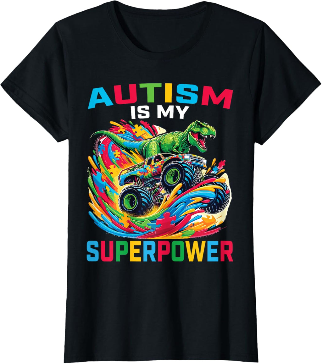 Autism Is My Superpower Dino T Rex Monster Truck Kids Boys