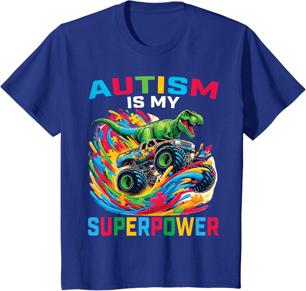 Autism Is My Superpower Dino T Rex Monster Truck Kids Boys
