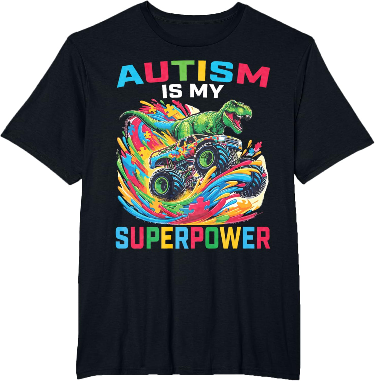 Autism Is My Superpower Dino T Rex Monster Truck Kids Boys