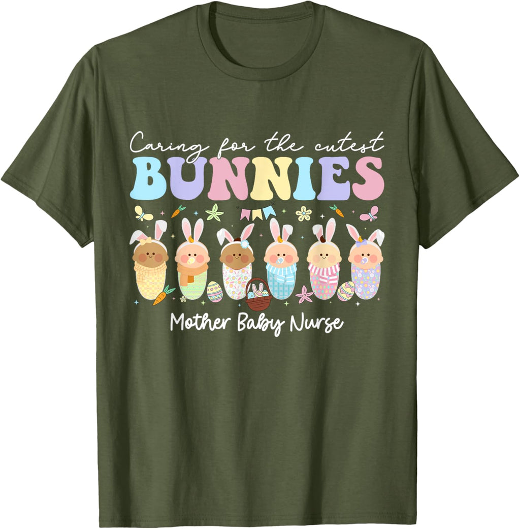 Mother Baby Nurse Easter Day Caring For The Cutest Bunnies T-Shirt, Small, Black