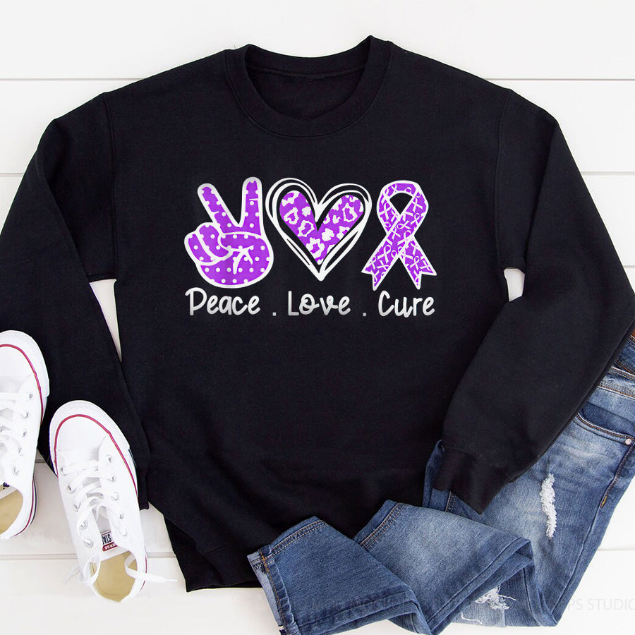 In November We Wear Purple Pancreatic Cancer Awareness Peace Love Cure T Shirt , Pancreatic Cancer Awareness Ribbon Day Shirt ,Purple Ribbon Gift